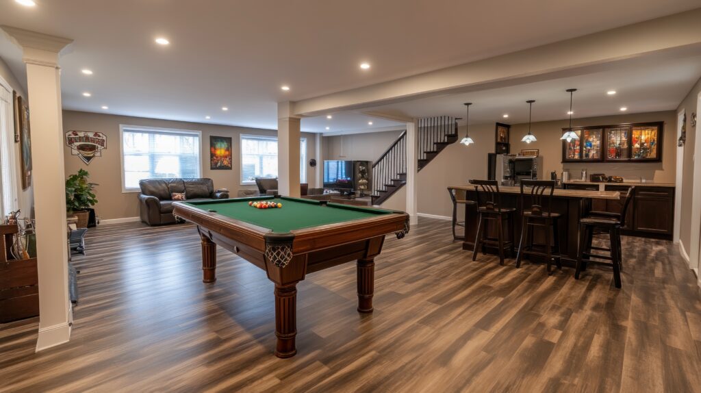 Family-friendly basement renovation in Chestermere with an open recreation room, guest bedroom and built-in storage