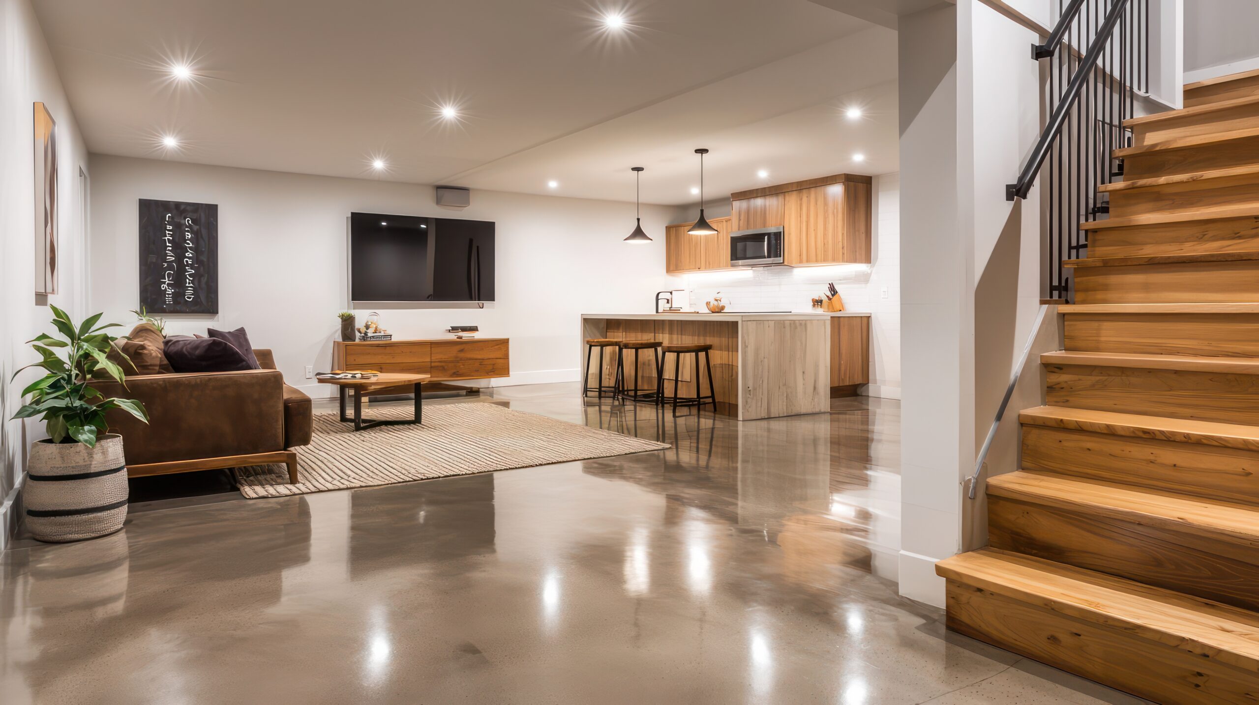 Finished Airdrie basement with durable luxury vinyl plank flooring, modern furniture and recessed ceiling lights